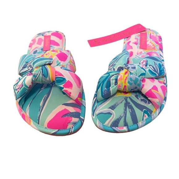 Lilly Pulitzer Pool Slippers In Sea Glass Rainforest Retreat Size S/M New - Picture 2 of 4